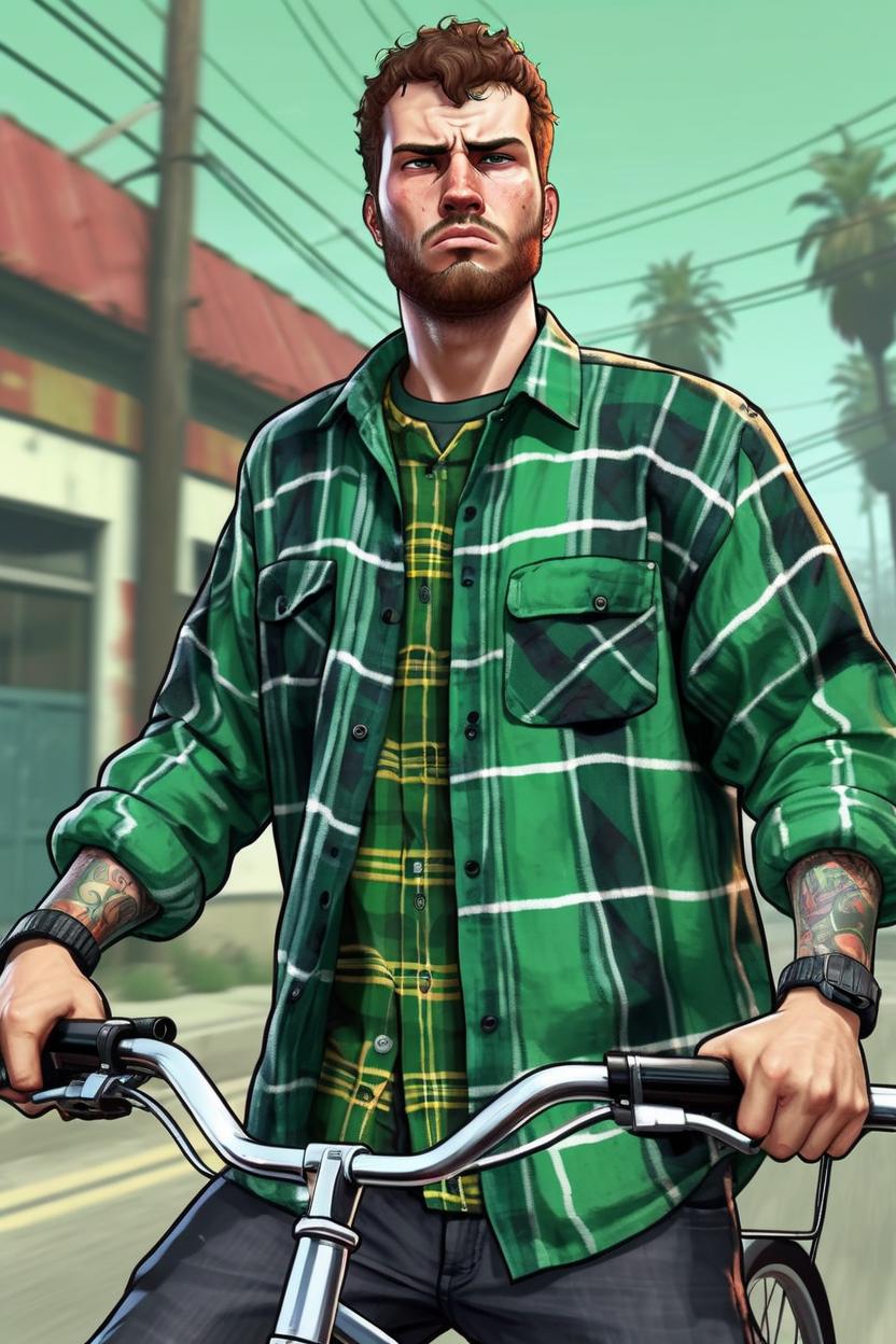 Artificial Intelligence (AI) generated image art, ..., on a GTA San Andreas artwork, 2D digital art style, GTA art, as an angry gangster, dressed in oversize green plaid button-down shirt, riding on a BMX bike, holding the bike's handlebar with one hand, in the other hand holding a gun