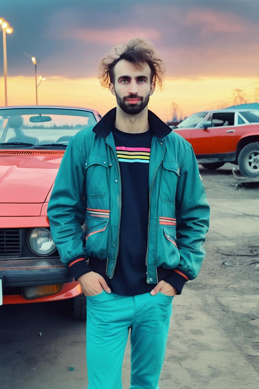 Artificial Intelligence (AI) generated image art, ..., on an 80s photo, ((on a vintage analog photography)), dressed in 80s fashion, ((standing in front of an 80s sports car)), full body photo,