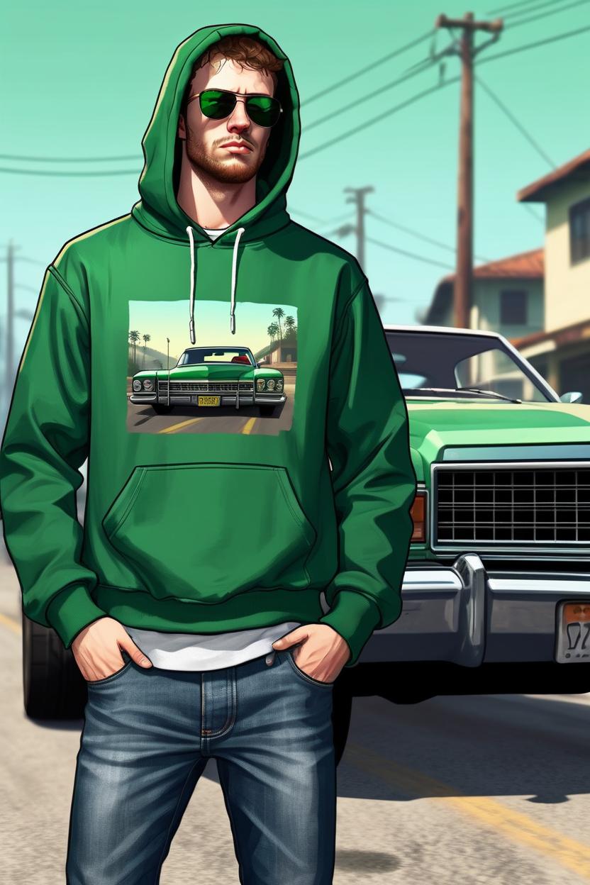 Artificial Intelligence (AI) generated image art, ..., on a GTA San Andreas artwork, 2D digital art style, GTA art, as a cool gangster, dressed in jeans and green hoodie, a cadillac car in the background