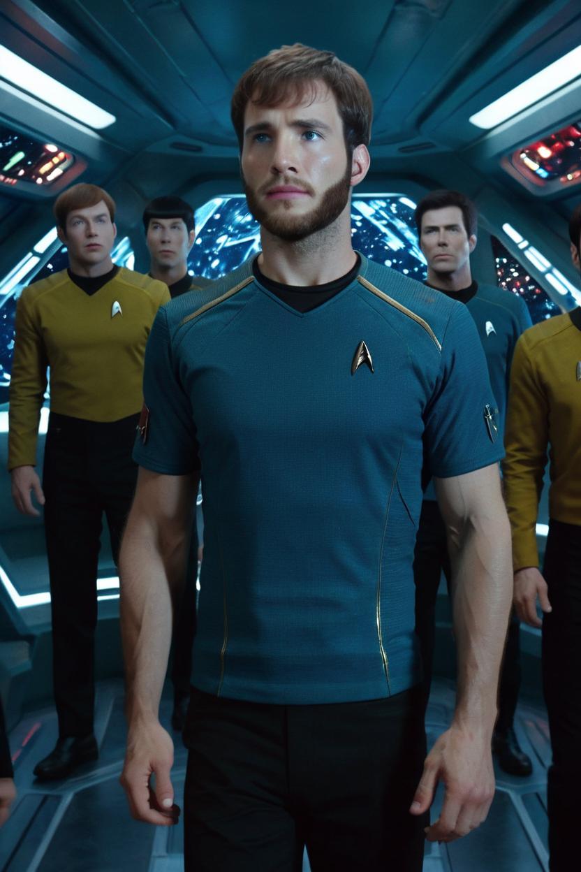 Artificial Intelligence (AI) generated image art, ... in Star Trek-movie, still, photorealistic, in the interior of a space ship, other Star Trek characters in the background