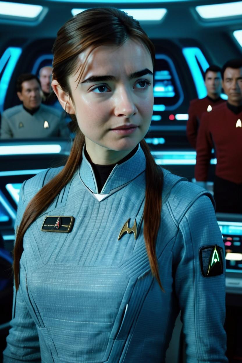 Artificial Intelligence (AI) generated image art, ... in Star Trek-movie, still, photorealistic, in the interior of a space ship, other Star Trek characters in the background