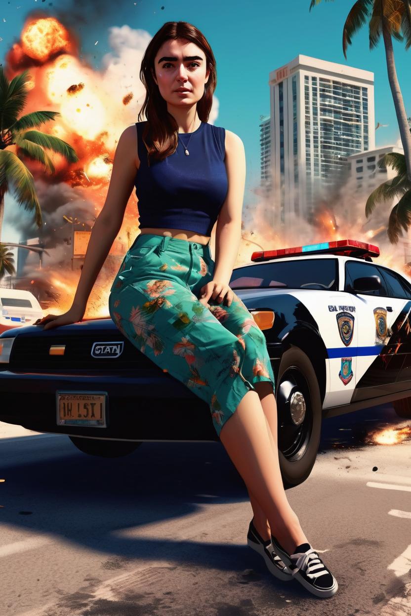 Artificial Intelligence (AI) generated image art, ... on a GTA IV original poster, in a GTA art style, in 2D digital art, as a beautiful woman, sitting on a sunbed, on a Miami beach, police car chase on a street behind her, ((huge explosion in the background))