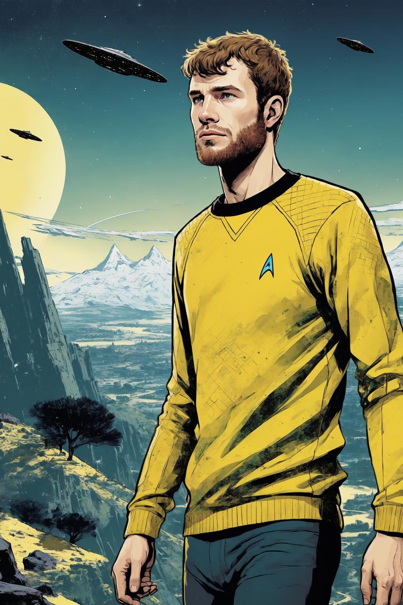 Artificial Intelligence (AI) generated image art, ..., ((Kirk)), star trek, yellow sweater, (Jamie Hewlett comic book style), scifi city landscape, illustration, comics