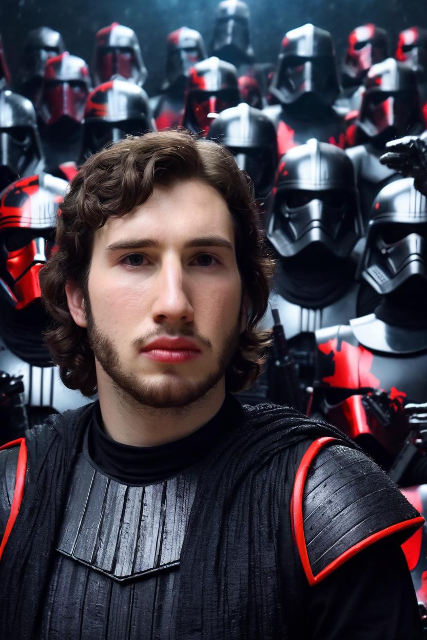 Artificial Intelligence (AI) generated image art, ..., as Kylo Ren from Star Wars, surrounded by the clones