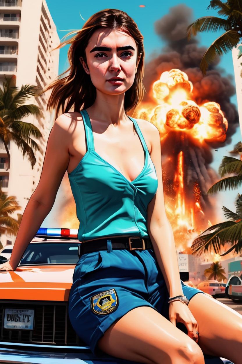 Artificial Intelligence (AI) generated image art, ... on a GTA IV original poster, in a GTA art style, in 2D digital art, as a beautiful woman, sitting on a sunbed, on a Miami beach, police car chase on a street behind her, ((huge explosion in the background))