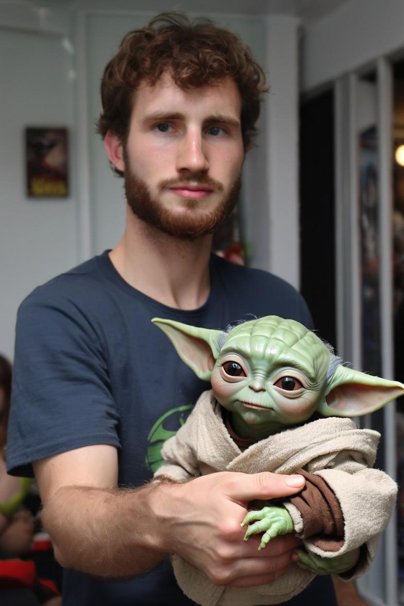 Artificial Intelligence (AI) generated image art, ..., holding a realistic baby Yoda from the Star Wars movie in his arms