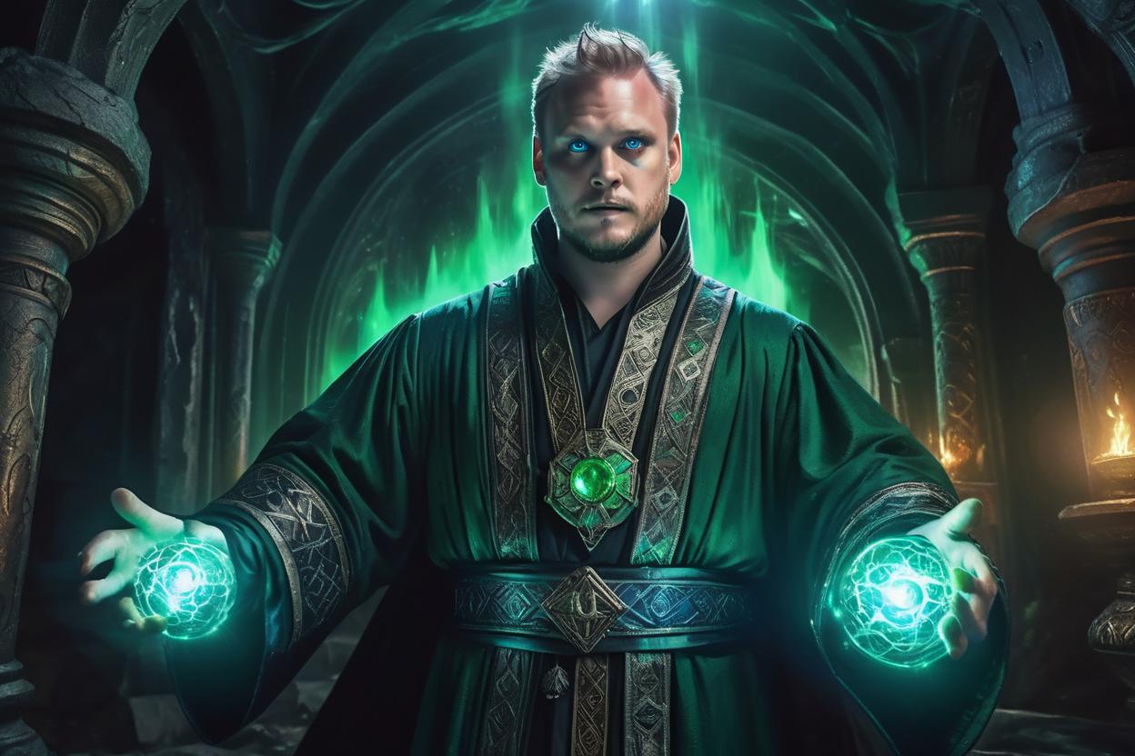 Artificial Intelligence (AI) generated image art, ..., powerful mage, floating just above ground, wears a special robe with extreme amount of details, that took over 100 years to craft, hes wielding magic thats shines bright green, blue eyes, art by Greg Rutkowski, dark atmosphere and creepy surroundings