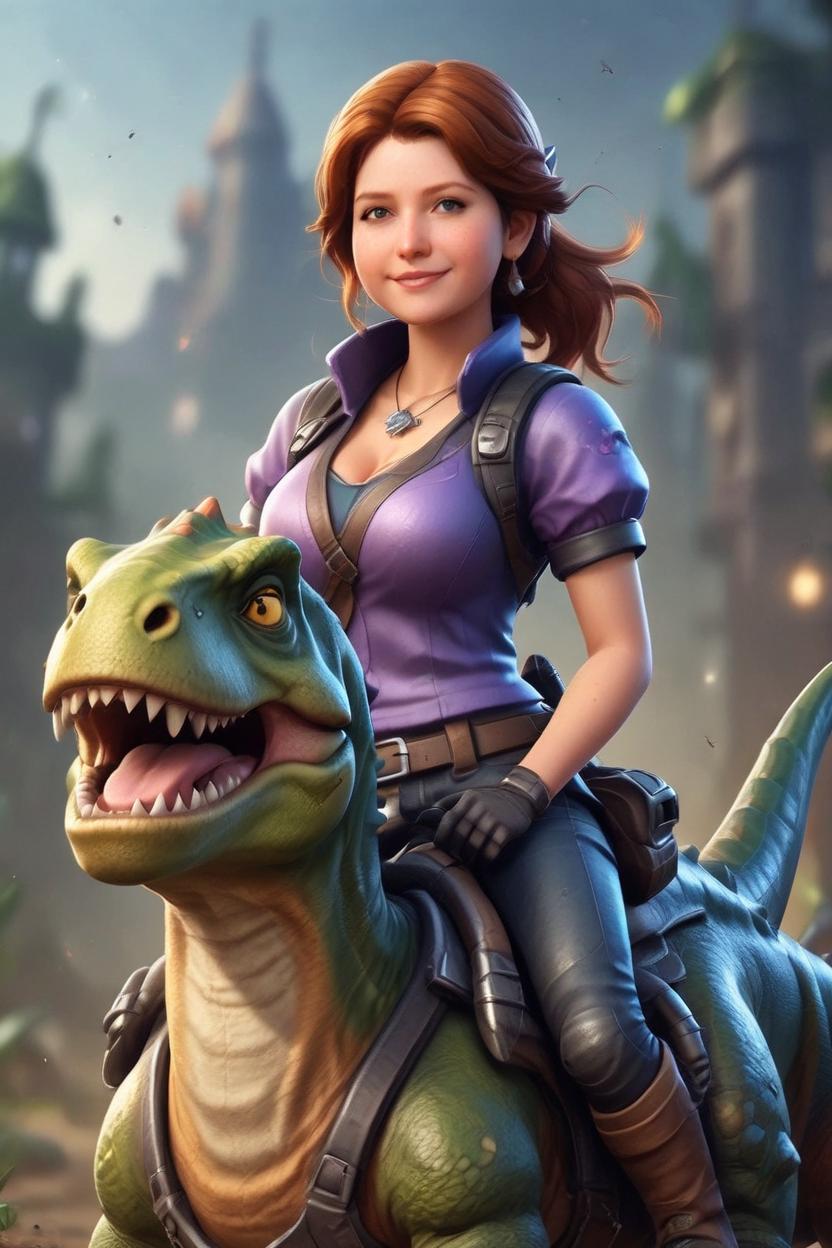 Artificial Intelligence (AI) generated image art, ..., dressed in a princess outfit, riding a dinosaur. the dinosaur is quite large and has a realistic face