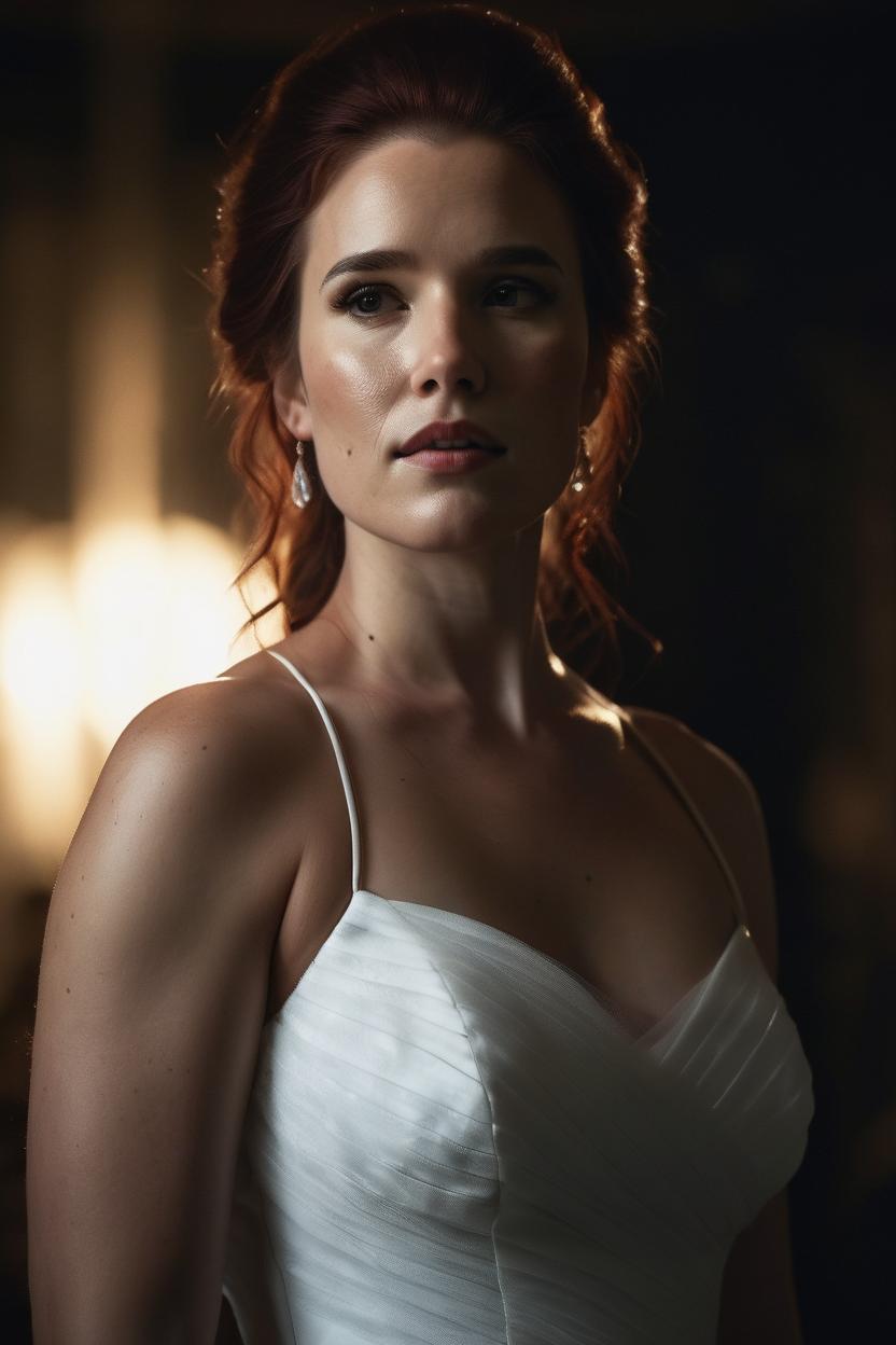 Artificial Intelligence (AI) generated image art, ... portrait, young, haute couture, minimalistic white adherent dress, (chiaroscuro style), photorealistic, beautiful woman, ((dark ambience)), cinematic lighting, highly detailed, sharp focus,4k