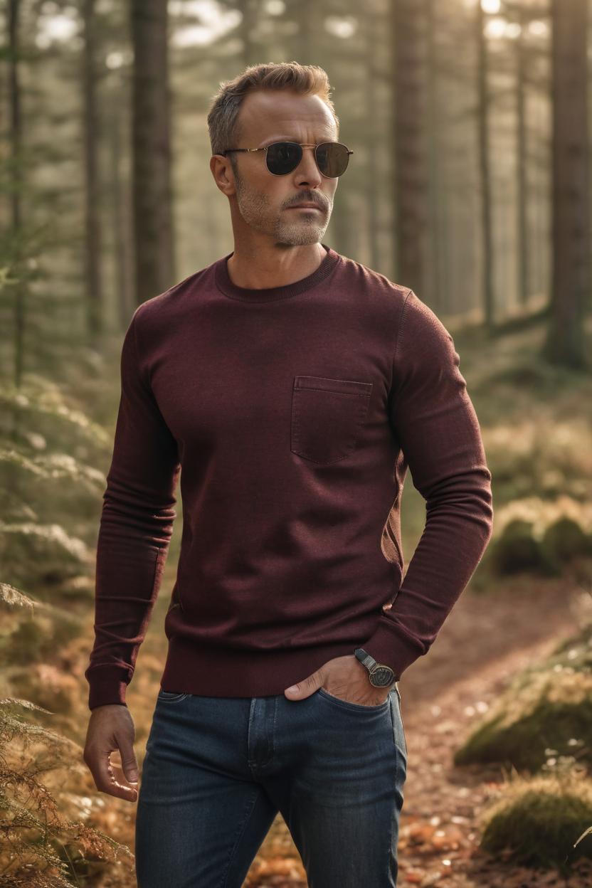 Artificial Intelligence (AI) generated image art, man, Wearing a crew neck sweater in deep burgundy, long sleeves, and a ribbed neckline. The top is made of soft knit and includes a textured weave. It features a relaxed fit and is hip-length, accentuated with ribbed cuffs and hem. Paired with straight-leg jeans in dark wash denim. These bottoms are relaxed fit with a mid-rise and made of durable denim. They include classic five-pocket styling. Completing the look with suede Chelsea boots in tan, featuring elastic side panels. Accessories include a leather belt in black and aviator sunglasses, adding a touch of edge. Standing amidst an autumnal forest scene, during the golden hour of the afternoon. Extremely detailed photograph, stunning quality, beautiful lighting, creating a masterpiece, award-winning photograph