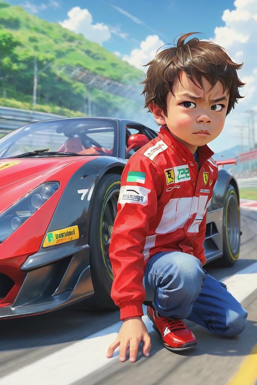 Artificial Intelligence (AI) generated image art, man, as anime boy racing in ferrari, anime boy from Overtake!, Overtake!, super cute anime style, illustration, anime boy  art by makoto shinkai