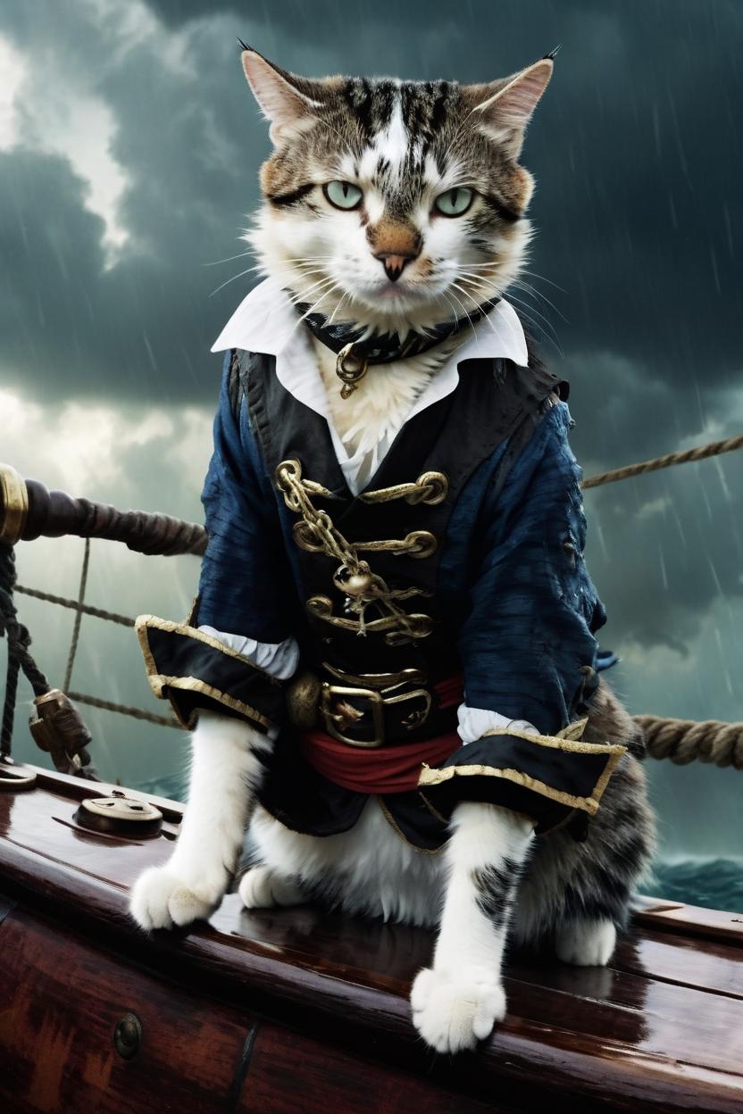 Artificial Intelligence (AI) generated image art, cat, dressed as a pirate and standing on a stormy ship, Pirates of the Caribbean movie look, movie still cut