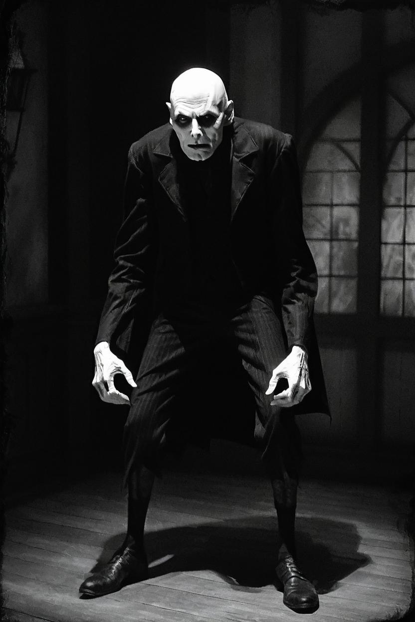 Artificial Intelligence (AI) generated image art, man, as nosferatu, evil looking, showing above the knees, full body, black and white, classic film grain, dark lighting, 1922 film