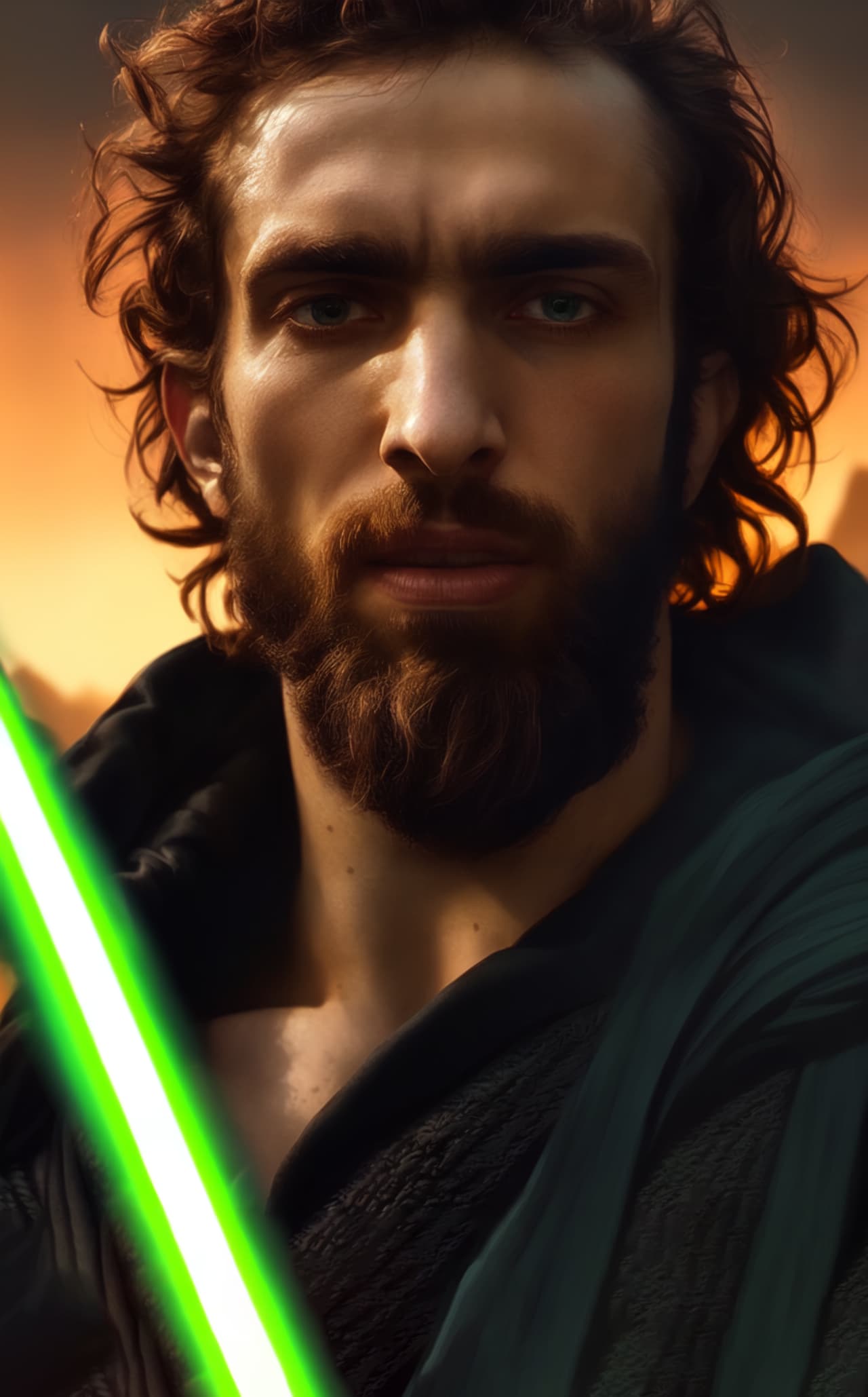 AI-generated image of a man as a Jedi with a green lightsaber, showcasing detailed facial features and a sunset background, created using a Star Wars-inspired text prompt.