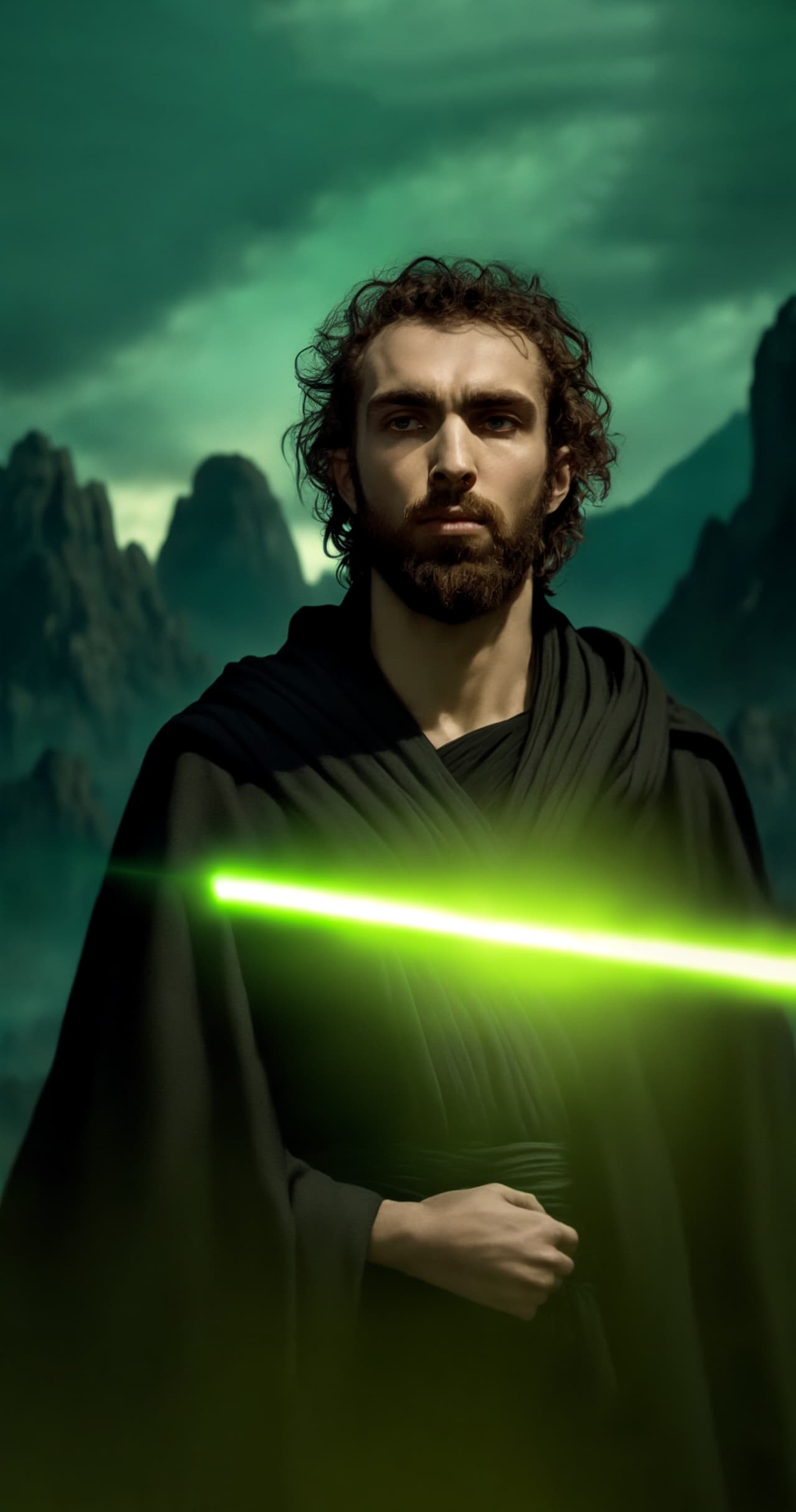 Immagine generata dall'AI di un uomo come Jedi con una spada laser verde, in un paesaggio futuristico e nebbioso, creata utilizzando un prompt testuale a tema Star Wars.