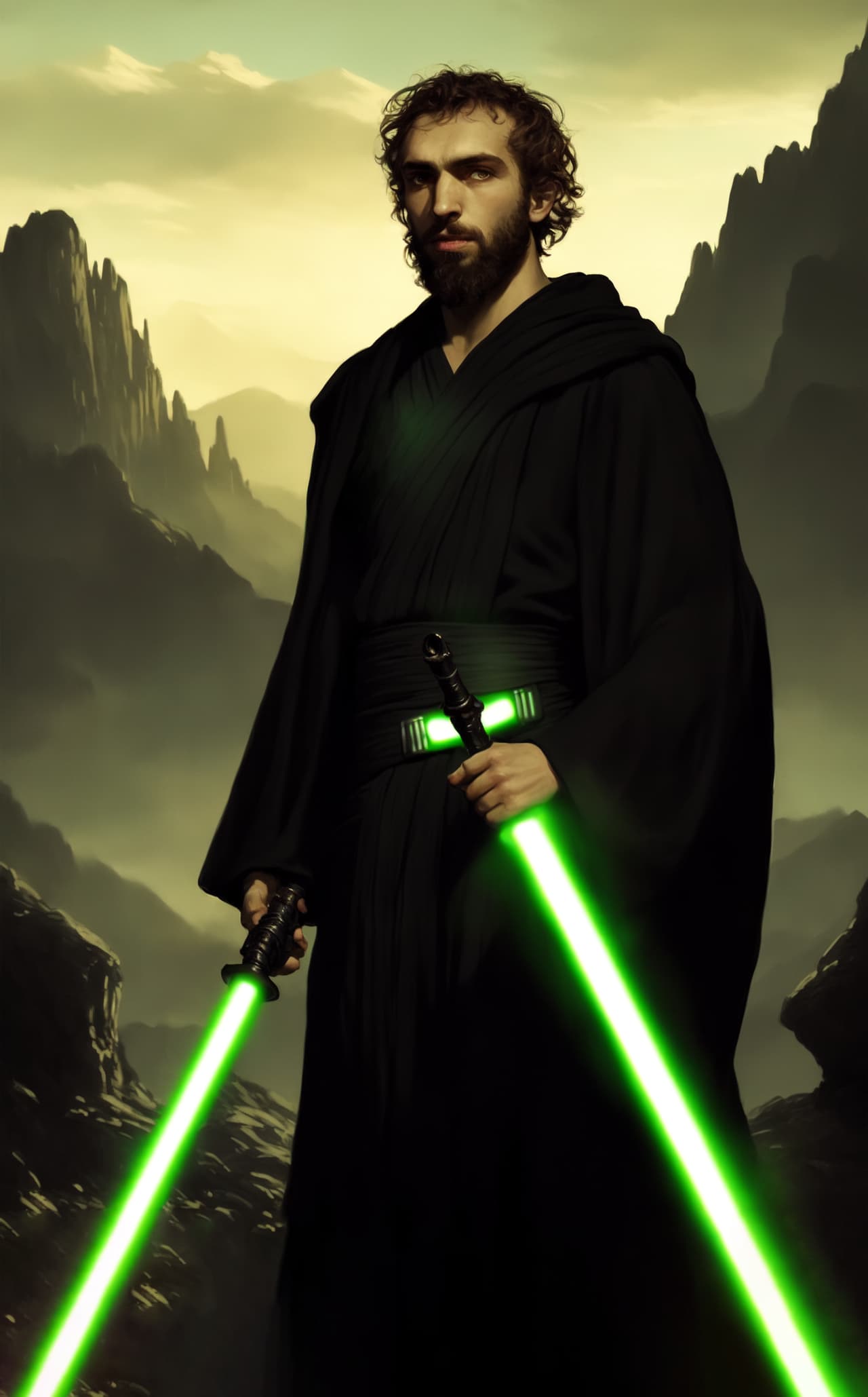 AI-generated full-body image of a Jedi holding dual green lightsabers in a dramatic mountainous background, created using an imaginative Star Wars text prompt.