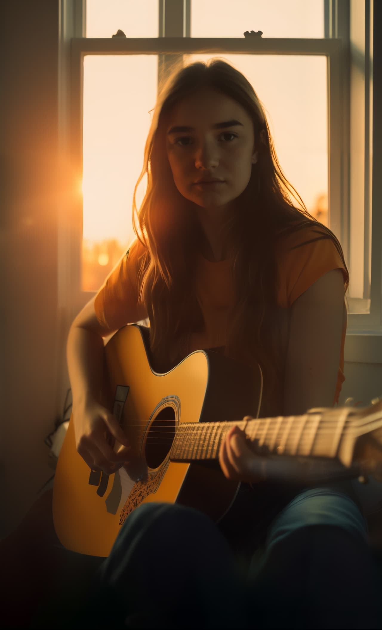 AI-generated image of a woman playing an acoustic guitar near a window, bathed in warm sunset light, created with a personalized prompt for an artistic and serene portrait.