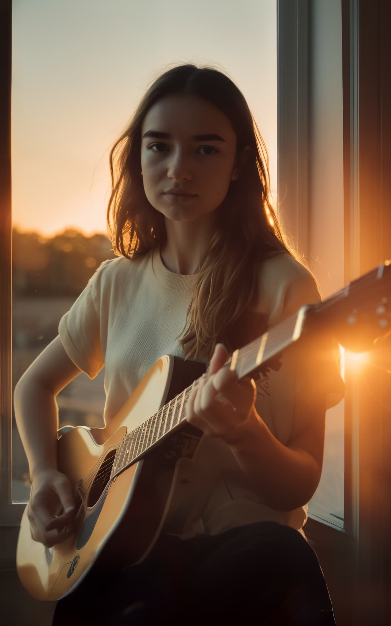 AI-generated close-up of a woman playing an acoustic guitar, illuminated by golden hour light streaming through a window, showcasing a calm and nostalgic mood using AI artistry.