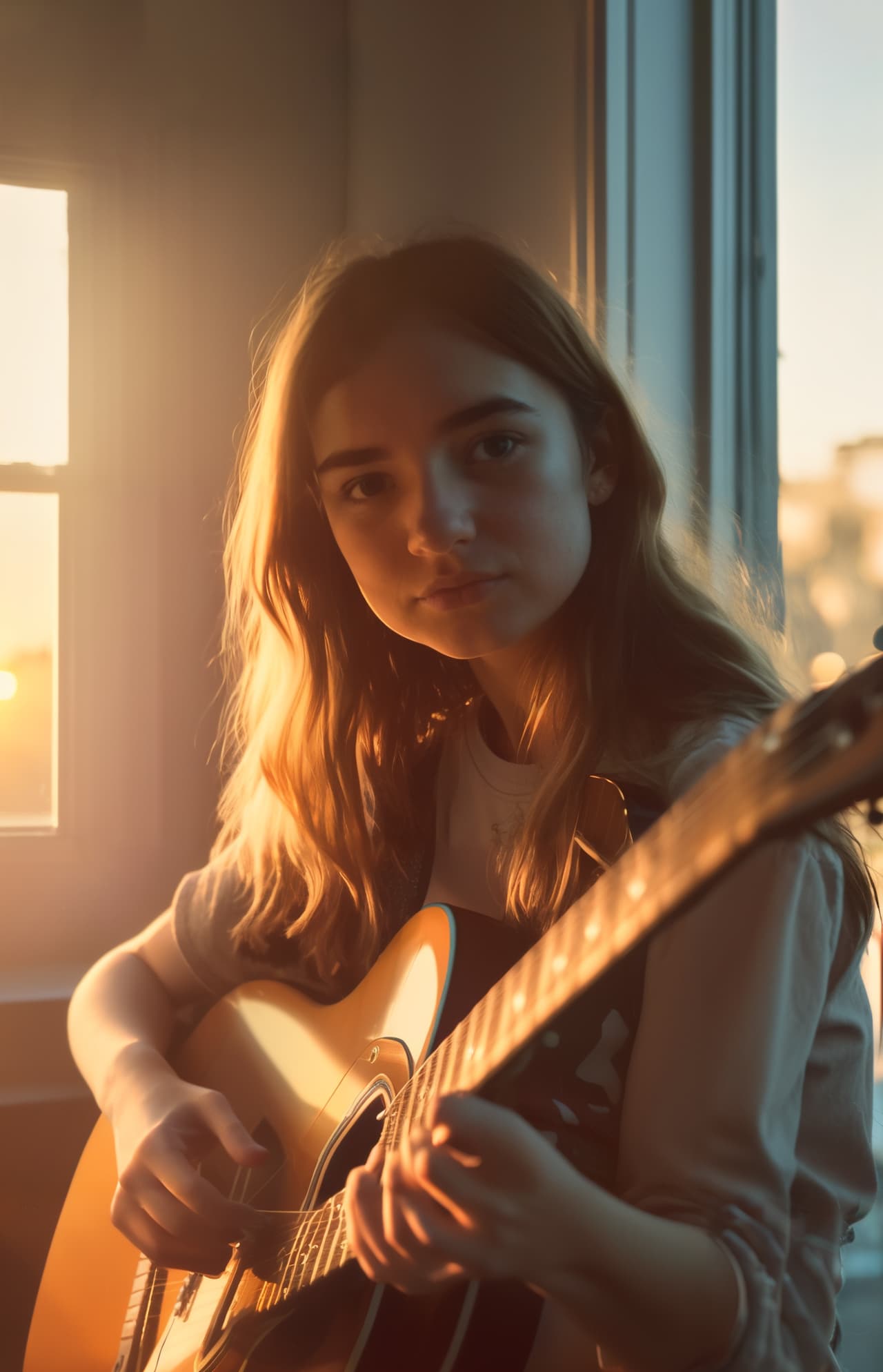 AI-generated portrait of a woman strumming a guitar against the backdrop of a glowing sunset, with soft, warm tones evoking an intimate and tranquil atmosphere, created through an imaginative text prompt.