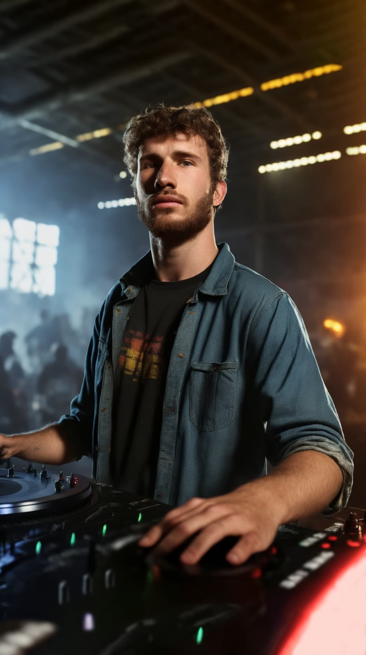 AI-generated image of a DJ in a warehouse setting, standing confidently at a turntable, surrounded by a smoky and atmospheric backdrop, created with a custom text prompt.