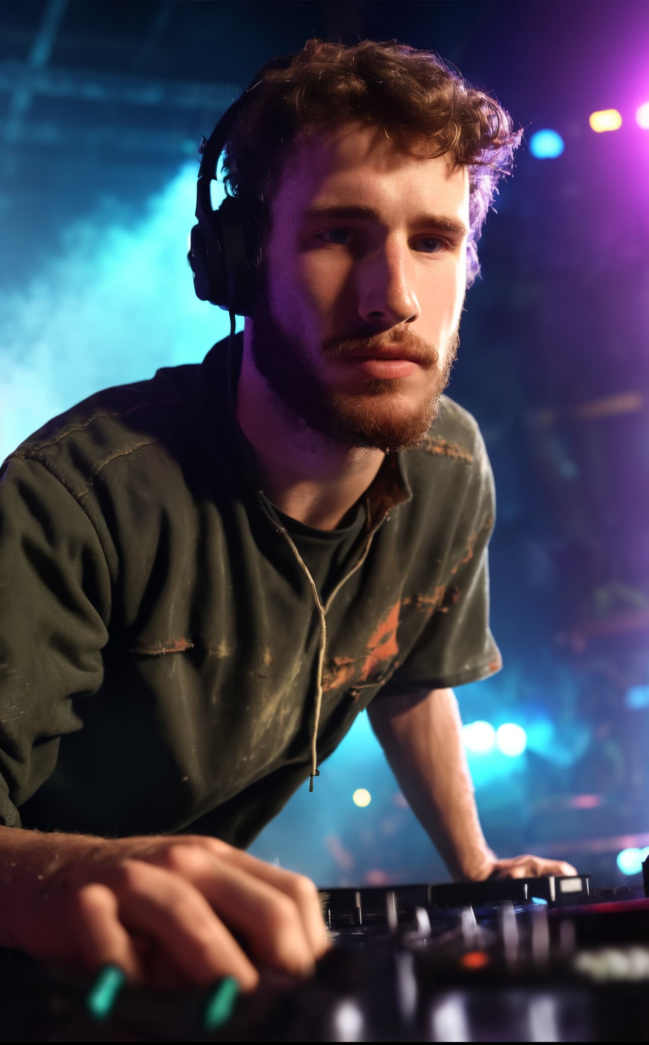 AI-generated portrait of a DJ wearing headphones, intensely focused on a turntable in a vibrant club scene, illuminated by colorful stage lighting, created using a dynamic AI prompt.