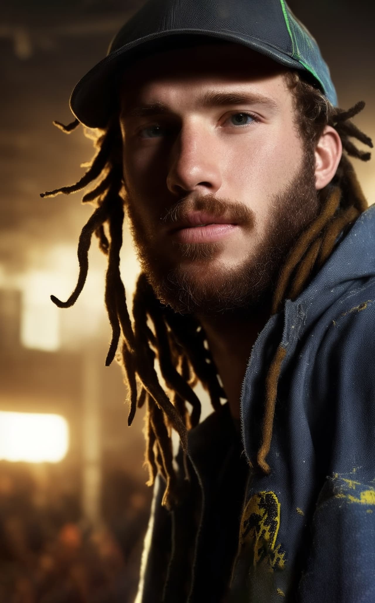 AI-generated close-up of a DJ with dreadlocks and a rugged look, set in a warehouse environment with warm ambient lighting, created from a personalized text prompt for a photorealistic result.