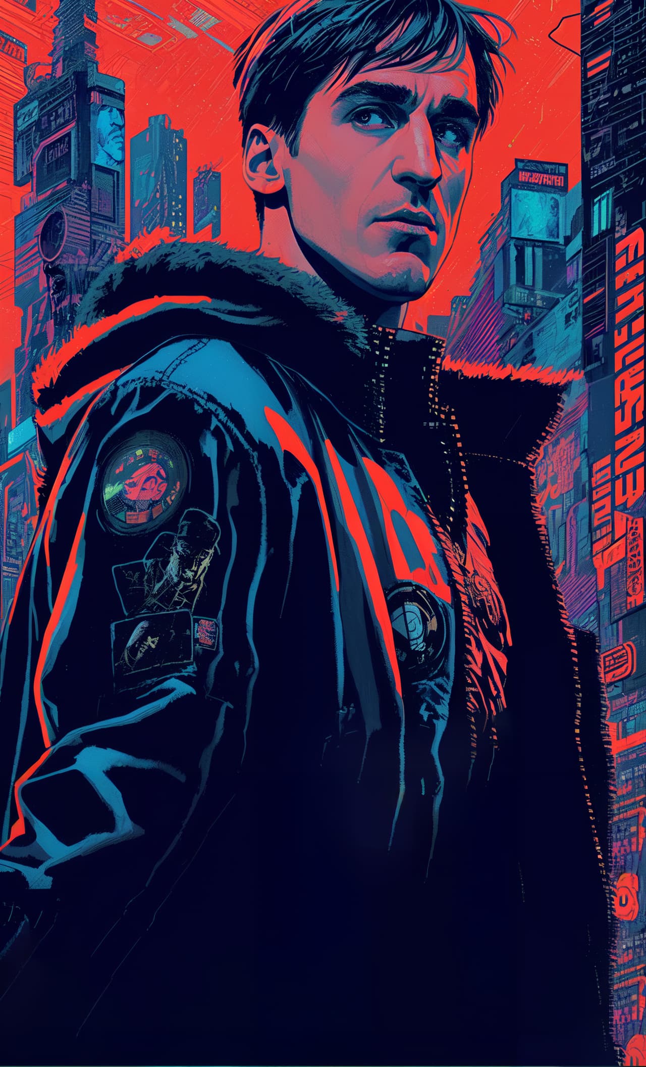 AI-generated cyberpunk portrait of a man in a futuristic jacket, set against a neon-lit urban cityscape with a striking red and blue color scheme, created using a Blade Runner-inspired prompt.