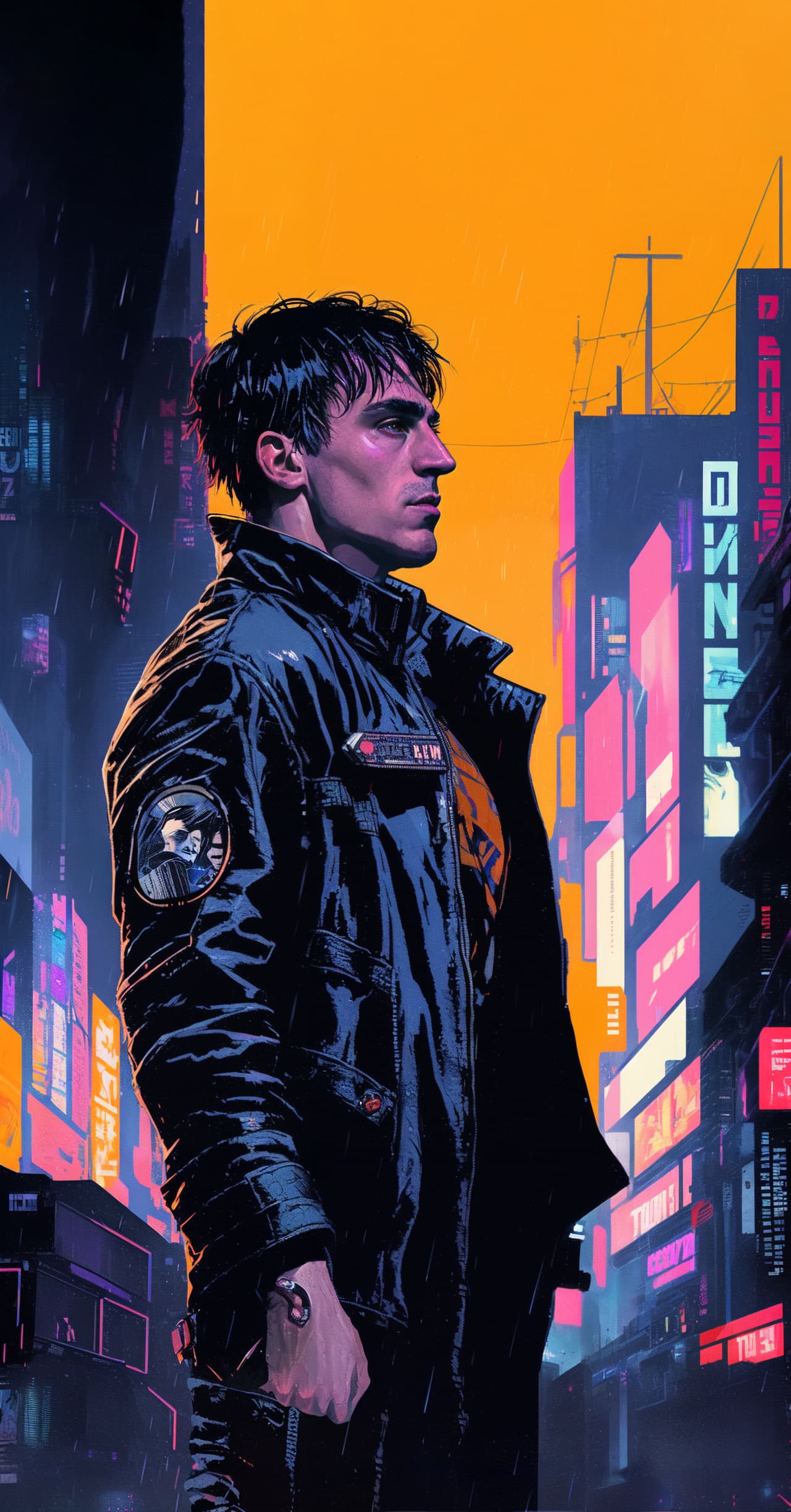 AI-generated image of a man standing in a neon-drenched futuristic city, wearing a sleek coat and illuminated by a bold orange and pink sky, inspired by Blade Runner's dystopian aesthetic.