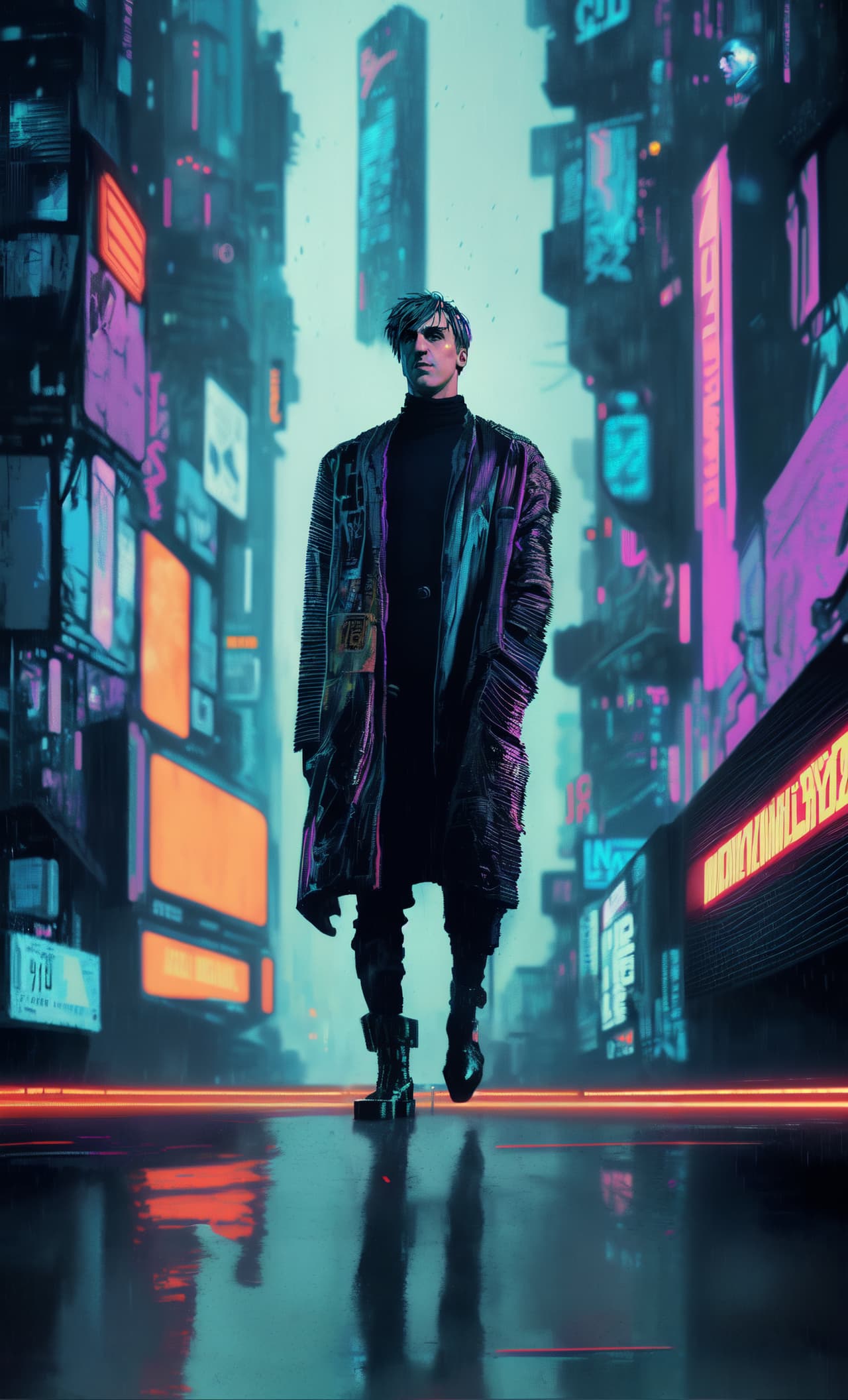 AI-generated cyberpunk scene of a man walking down a rainy futuristic street surrounded by neon-lit skyscrapers, evoking a Blade Runner-like atmosphere with vivid blue and magenta tones.