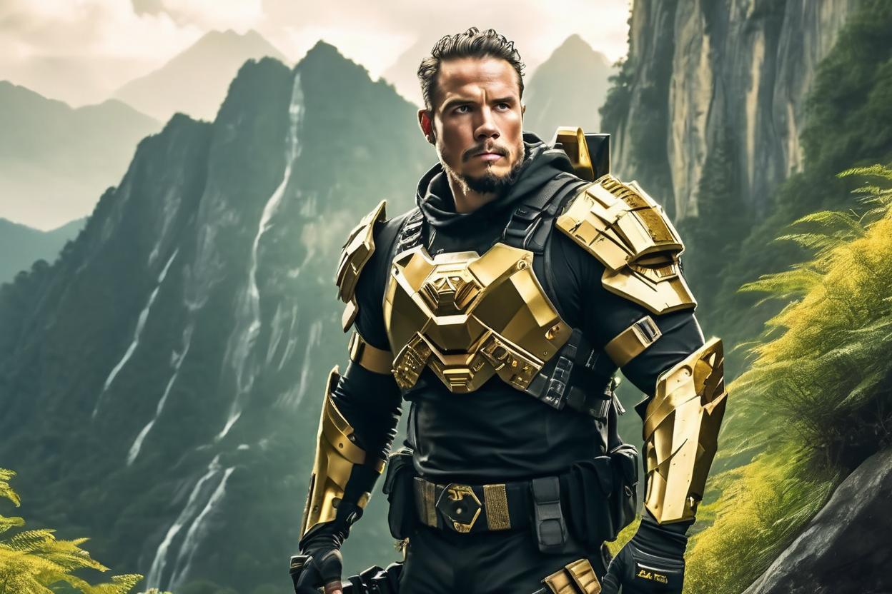 Artificial Intelligence (AI) generated image art, man, an athletic millionaire, tech savvy, armored survivalist, makeshift advanced weaponry, black and gold attire, the light-toned background highlights the lush greenery and majestic mountain drop, while capturing sharp, close details of the scene