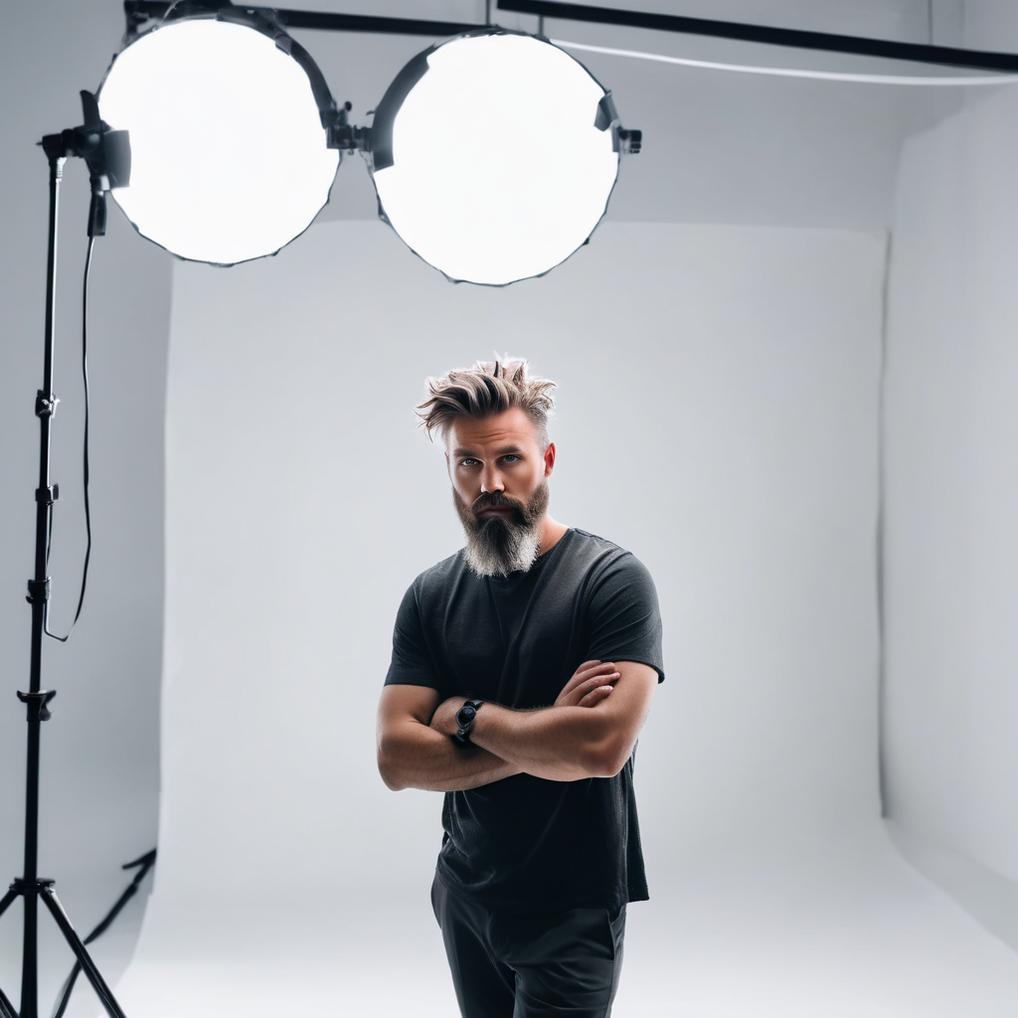 Artificial Intelligence (AI) generated image art, man, Photograph, model pose, minimalist, stylish, messy hairstyle, beard, profound gaze, solid white environment, studio lights setting