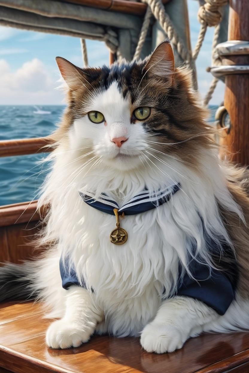 Artificial Intelligence (AI) generated image art, cat, portrait (realistic and realistic head), sailor of the seas, ship related bakcground, captain of ship