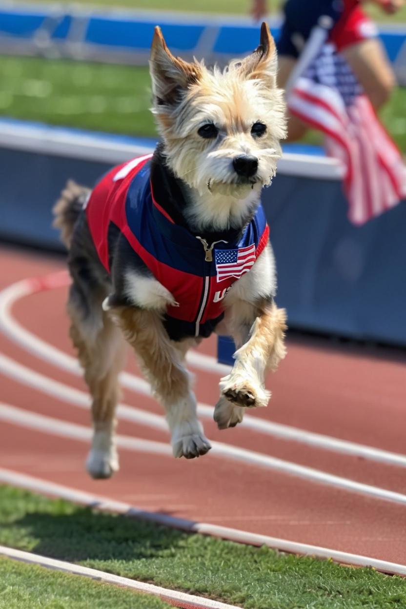 Artificial Intelligence (AI) generated image art, dog as a USA Olympian in USA uniform running track and field