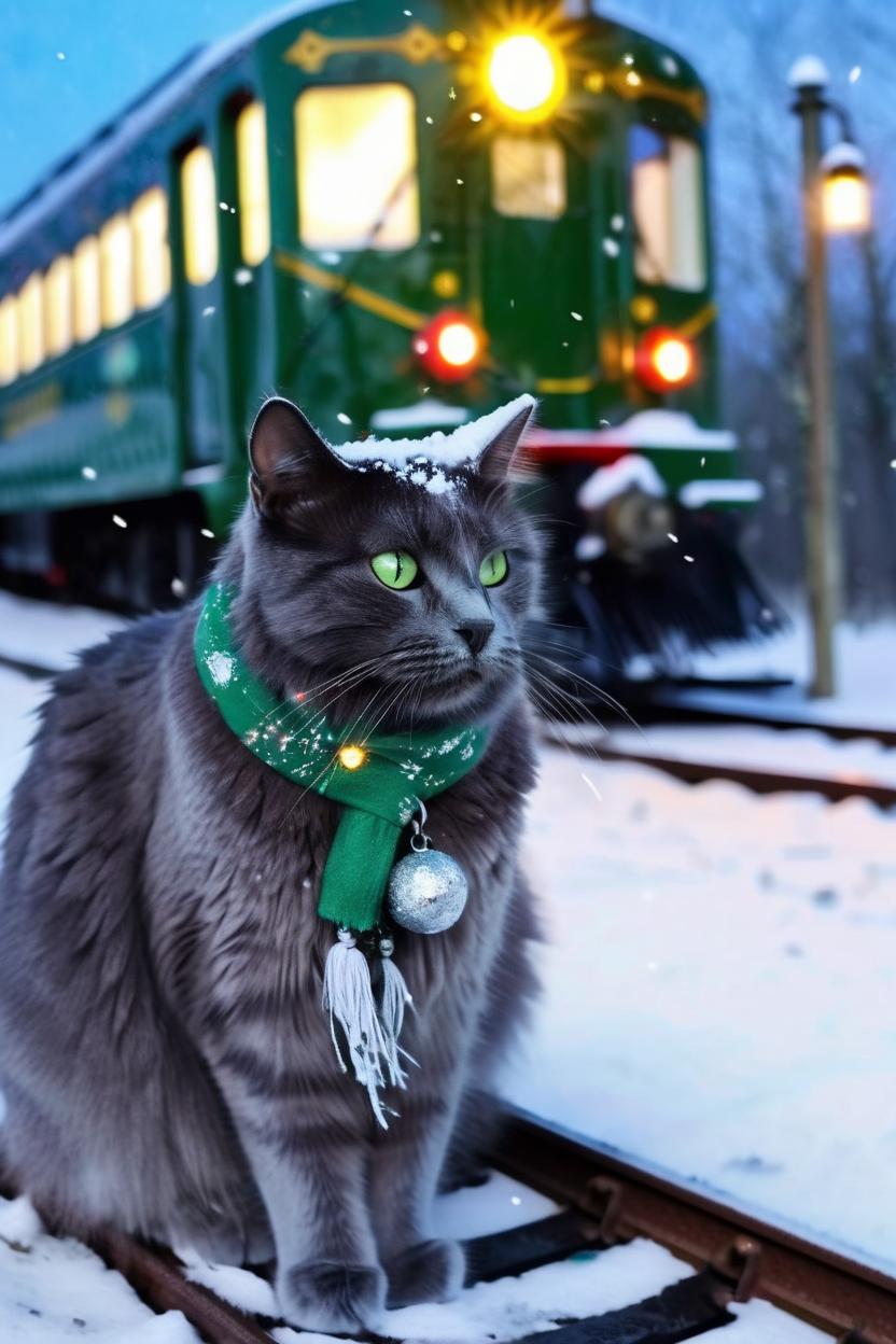 Artificial Intelligence (AI) generated image art, cat, Create a vivid image of a Nebelung cat outside in a snowy landscape with a Polar Express theme. The cat is wearing a green scarf and sitting on a train platform, with a steam train in the background adorned with Christmas lights. The scene is festive with falling snow, twinkling lights, and a starry night sky, capturing the essence of a magical Christmas adventure.