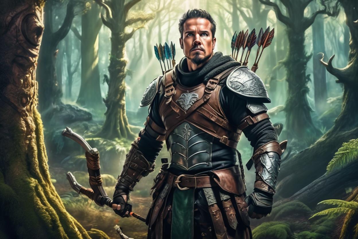 Artificial Intelligence (AI) generated image art, man, an athletic and armored ranger archer, in ballistic and leather armor, protecting an enchanted forest. The scene is filled with towering ancient trees and mystical creatures