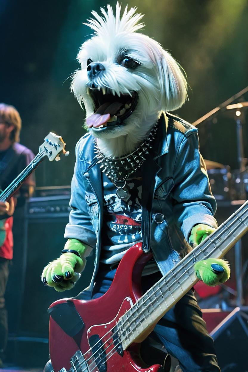 Artificial Intelligence (AI) generated image art, dog, wearing a spiked collar  Playing Bass guitar like a human on stage with a rock band