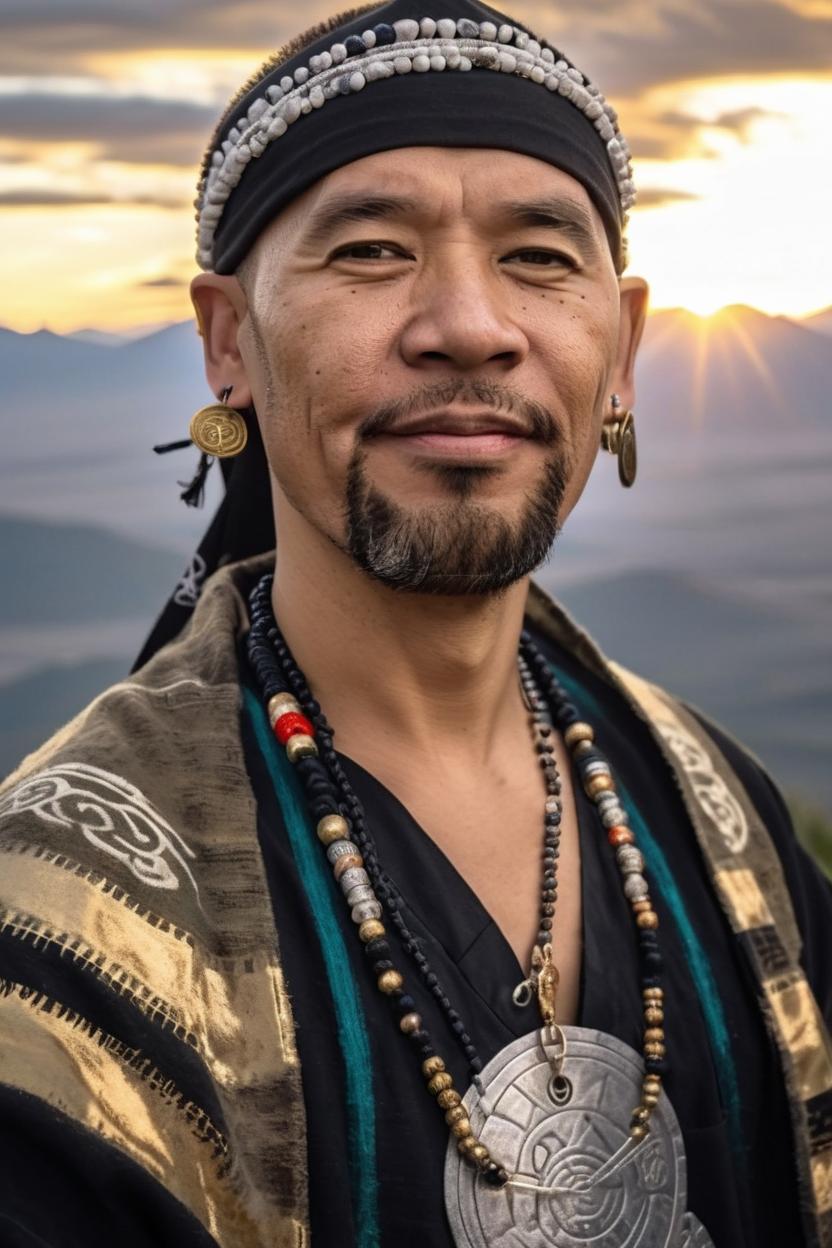 Artificial Intelligence (AI) generated image art, man, Filipino, with full beard, wearing a shaman robe, ninja headwear, earrings, portrait, in mountains, golden hour lighting, ultra high definition, ultra-realism, 55 years old,