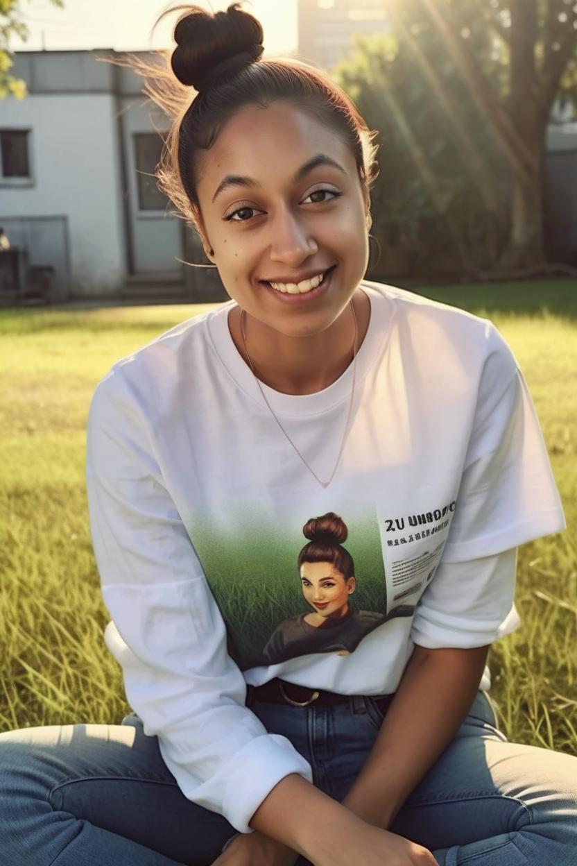 Artificial Intelligence (AI) generated image art, woman with a slick up bun, with brown skin, sitting on grass wearing a white tshirt with jeans, facing camera, photorealistic, highly detailed, sunlight shining, ((portrait))