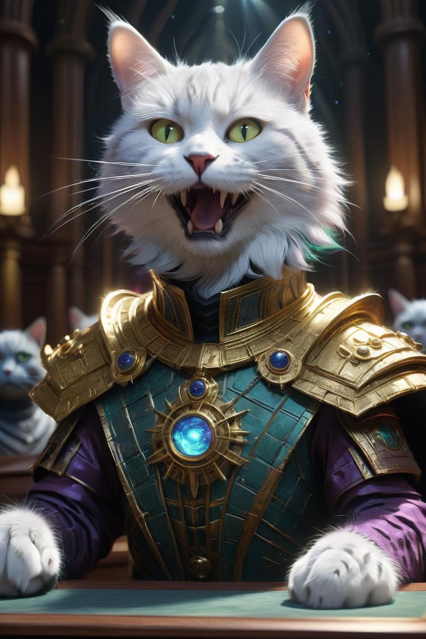 Artificial Intelligence (AI) generated image art, cat, as intergalactic emperor, giving a speech in galaxy parliament, art by greg rutkowski, 8k, epic lighting, important, dramatic