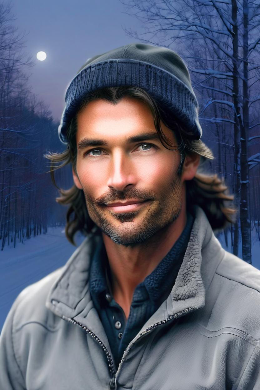 Artificial Intelligence (AI) generated image art, man, photograph, handsome Native American French man, smiling, winter coat, knit hat, (hockey skates), moonlit night, country road