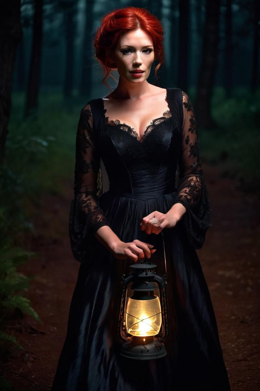 Artificial Intelligence (AI) generated image art, woman, ((realistic)), beautiful red hair, dressed in a black gown, walking through a dark forest holding a lantern at midnight, intricate, elegant, pouty lips, ultrarealistic, Mysterious and seductive atmosphere