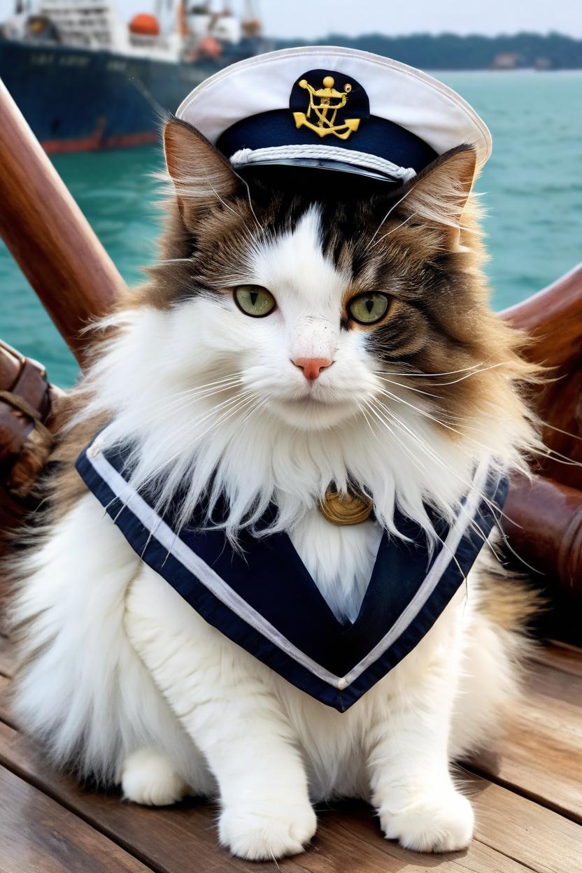 Artificial Intelligence (AI) generated image art, cat, portrait (realistic and realistic head), sailor of the seas, ship related bakcground, captain of ship