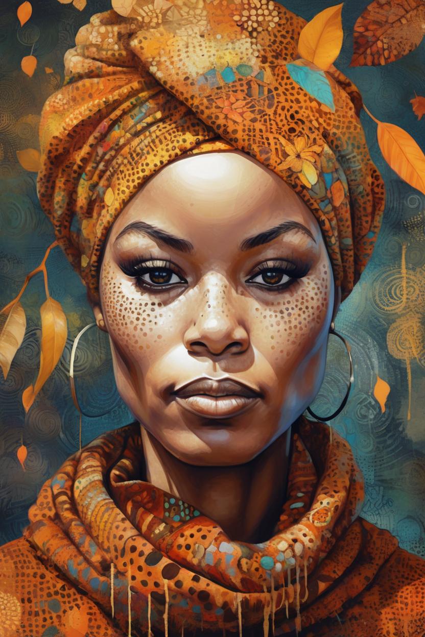 Artificial Intelligence (AI) generated image art, woman, fall inspired art, digital painting, in the style of sophie wilkins, irene sheri, naoto hattori, pointillist artworks, chic illustrations, lush brushstrokes, 1970s