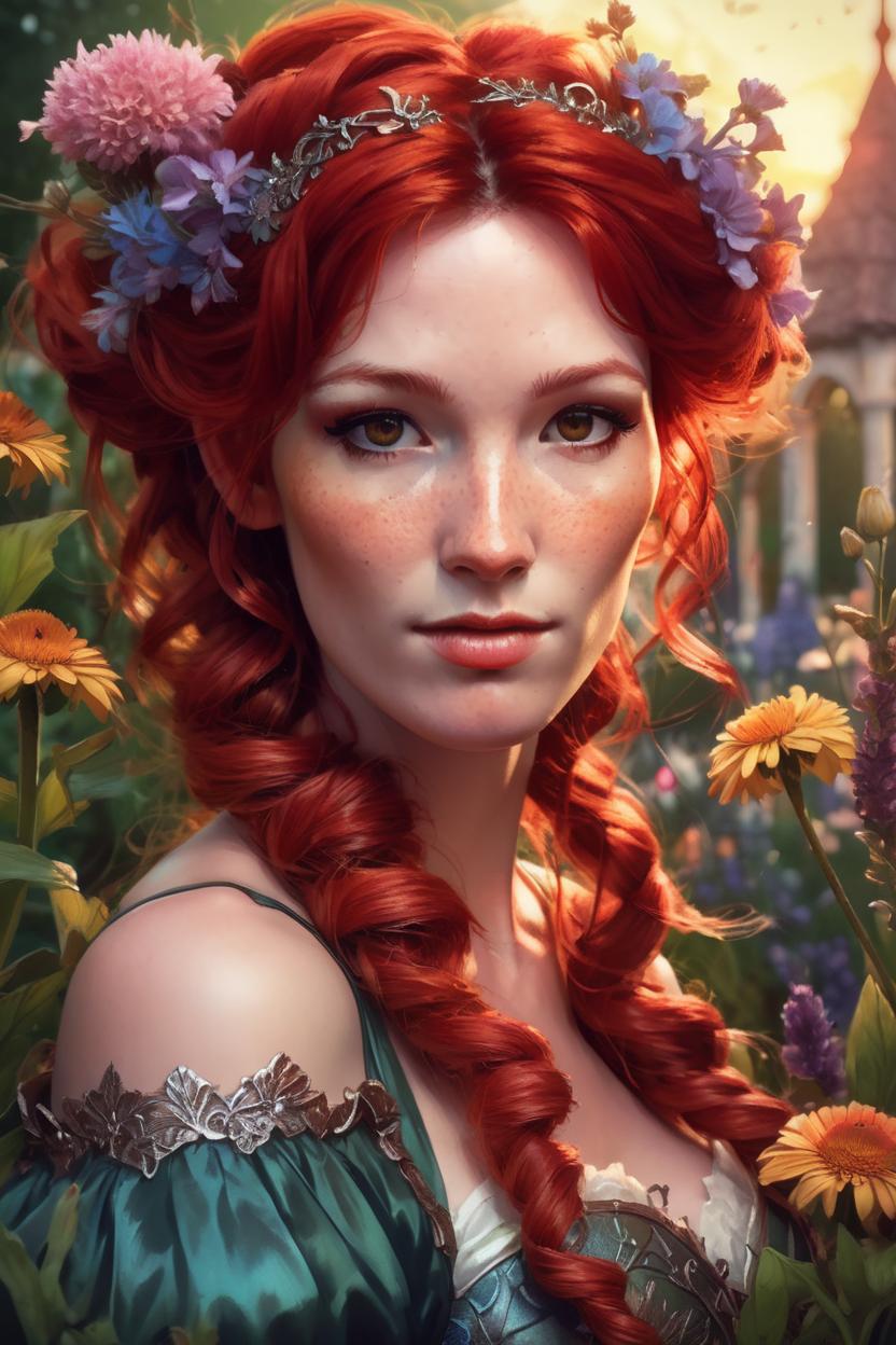 Artificial Intelligence (AI) generated image art, woman, ((portrait)), beautiful red haired fairy princess, highly detailed illustration, in a garden holding a bunch of wild flowers,large bust, deep focus, d & d, fantasy, intricate, elegant, highly detailed, digital painting, artstation, concept art, sunset, matte, sharp focus, illustration, hearthstone, art by artgerm and greg rutkowski and alphonse mucha and marco mazzoni ((portrait)), beautiful brown haired fairy princess, highly detailed illustration, in a garden holding a bunch of wild flowers, deep focus, d & d, fantasy, intricate, elegant, highly detailed, digital painting, artstation, concept art, sunset, matte, sharp focus, illustration, hearthstone, art by artgerm and greg rutkowski and alphonse mucha and marco mazzoni