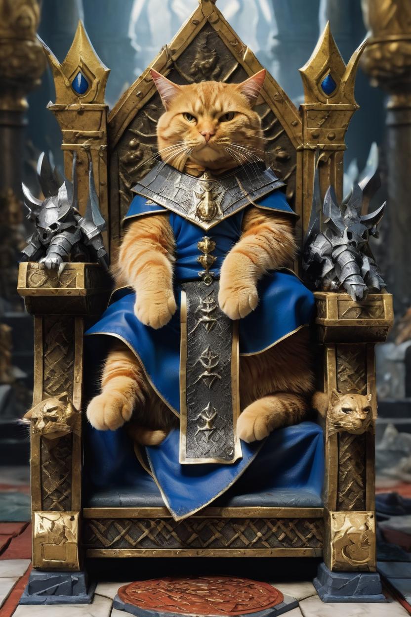 Artificial Intelligence (AI) generated image art, cat, as SIGMAR, THE GOD-KING, on his throne, unbowed and determined, the Mortal Realms, by Mark Holmes, warhammer
