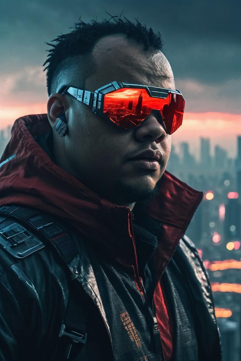 Artificial Intelligence (AI) generated image art, man,looking at a ((cyberpunk megacity built on a cloud)) in the distance, epic, cinematic lighting, portrait, scifi detective colthes, cinematic lighting, red sun