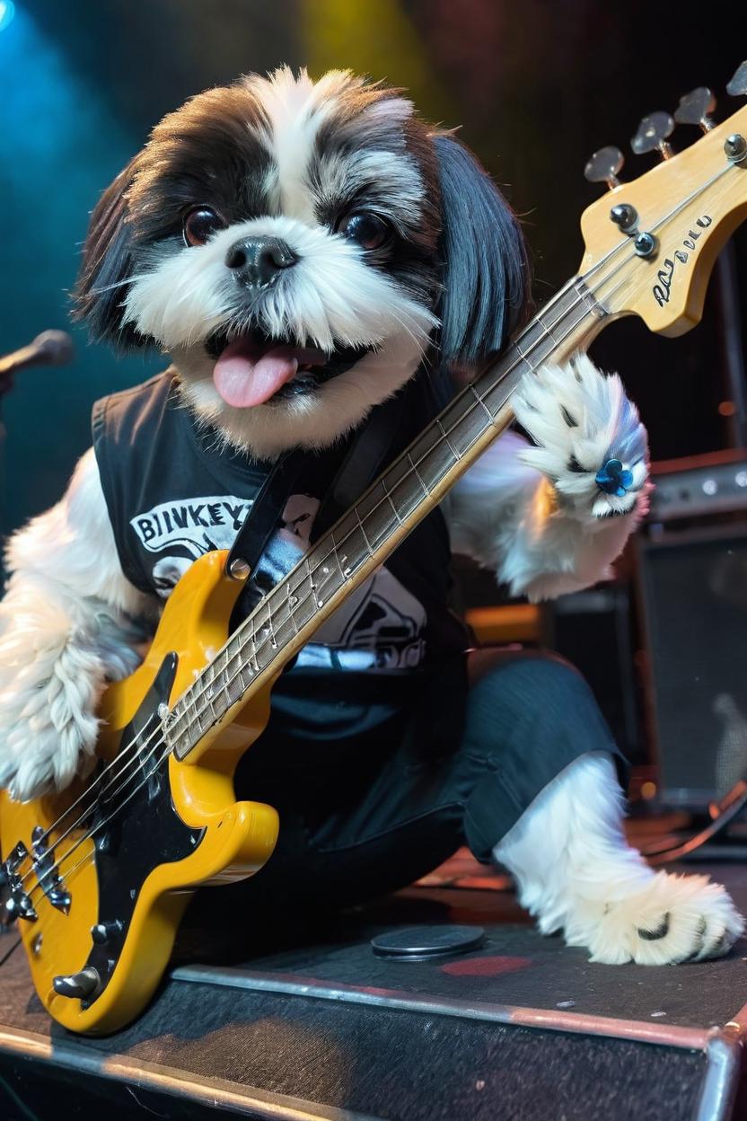 Artificial Intelligence (AI) generated image art, dog playing Bass guitar on stage with a rock band