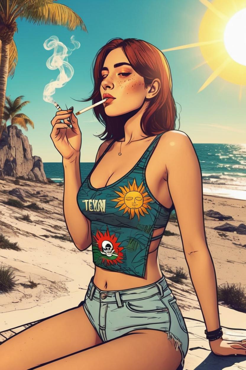 Artificial Intelligence (AI) generated image art, woman, Mexico, beach background, sun, smoking a joint, young, beautiful body, animation art style, comic book style art