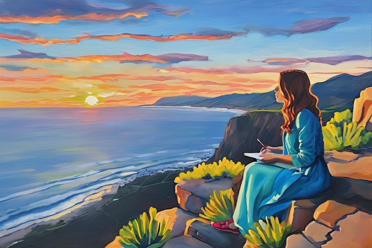 Artificial Intelligence (AI) generated image art, Mandy Jurgens painting of woman, on cliffs overlooking the ocean at sunset