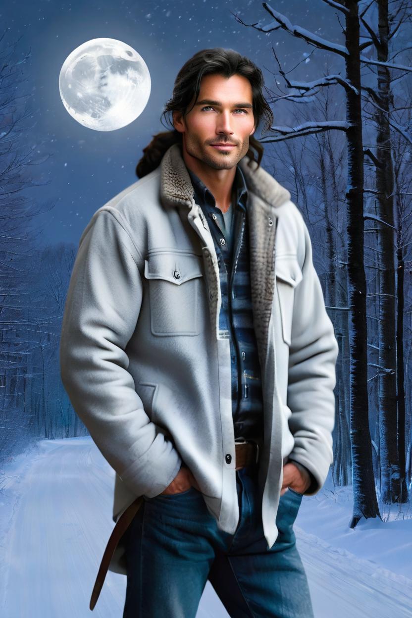 Artificial Intelligence (AI) generated image art, man, photograph, handsome Native American French man, winter coat, knit hat, (hockey skates), moonlit night, country road